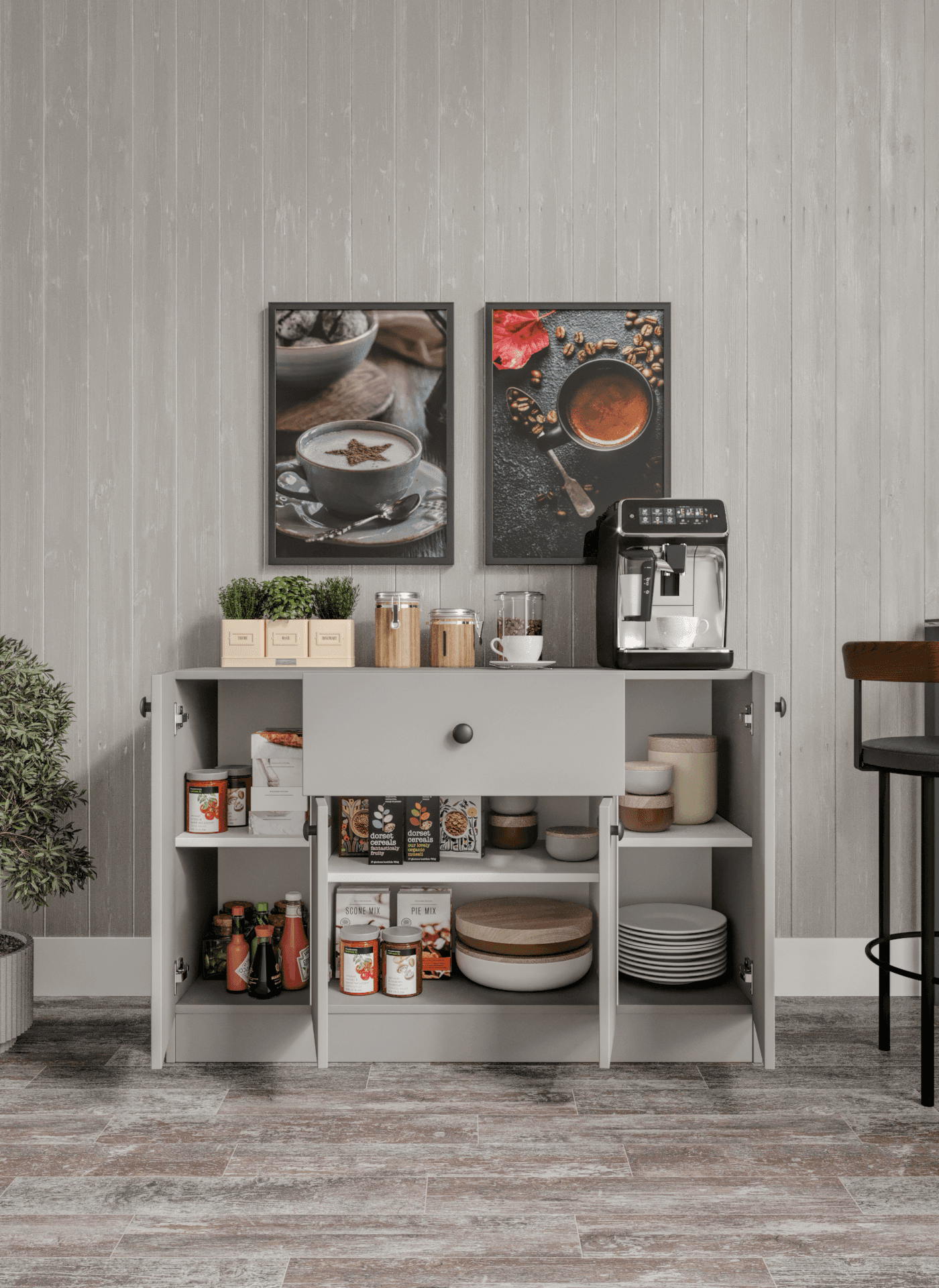 %100 MDF 4 Kapaklı 1 Çekmeceli Çok Amaçlı Mutfak Dolabı - Kahve Köşesi -GRİ SOFT BEYAZ
