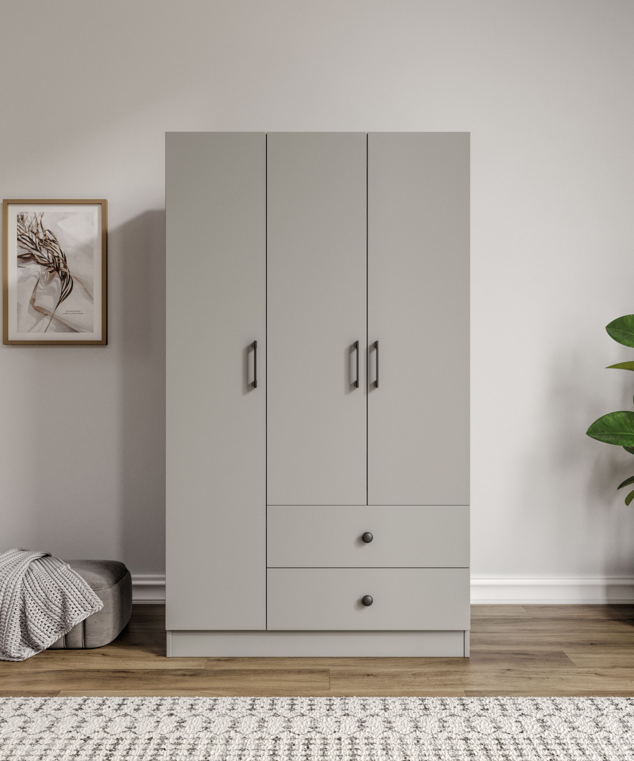 %100 MDF 3 Kapaklı 2 Çekmeceli 7 Raflı Gardırop GRİ-SOFT BEYAZ Ölçüler: 105 x 182 x 52 cm