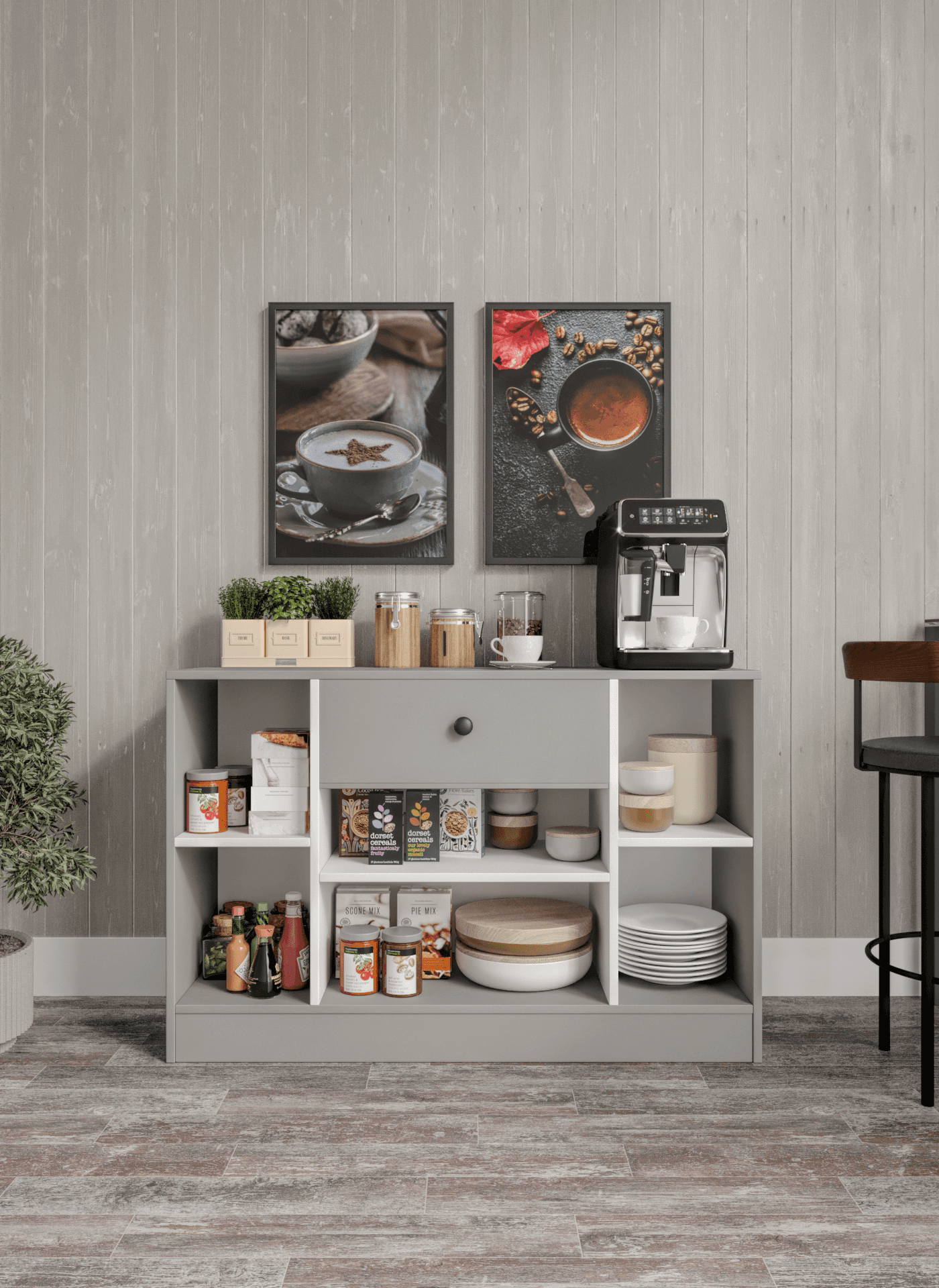 %100 MDF 4 Kapaklı 1 Çekmeceli Çok Amaçlı Mutfak Dolabı - Kahve Köşesi -GRİ SOFT BEYAZ