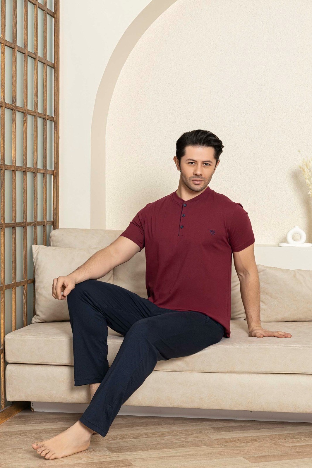 Erkek 3 Düğmeli %100 Pamuk Yazlık Kısa Kol Cepli Pijama Takımı