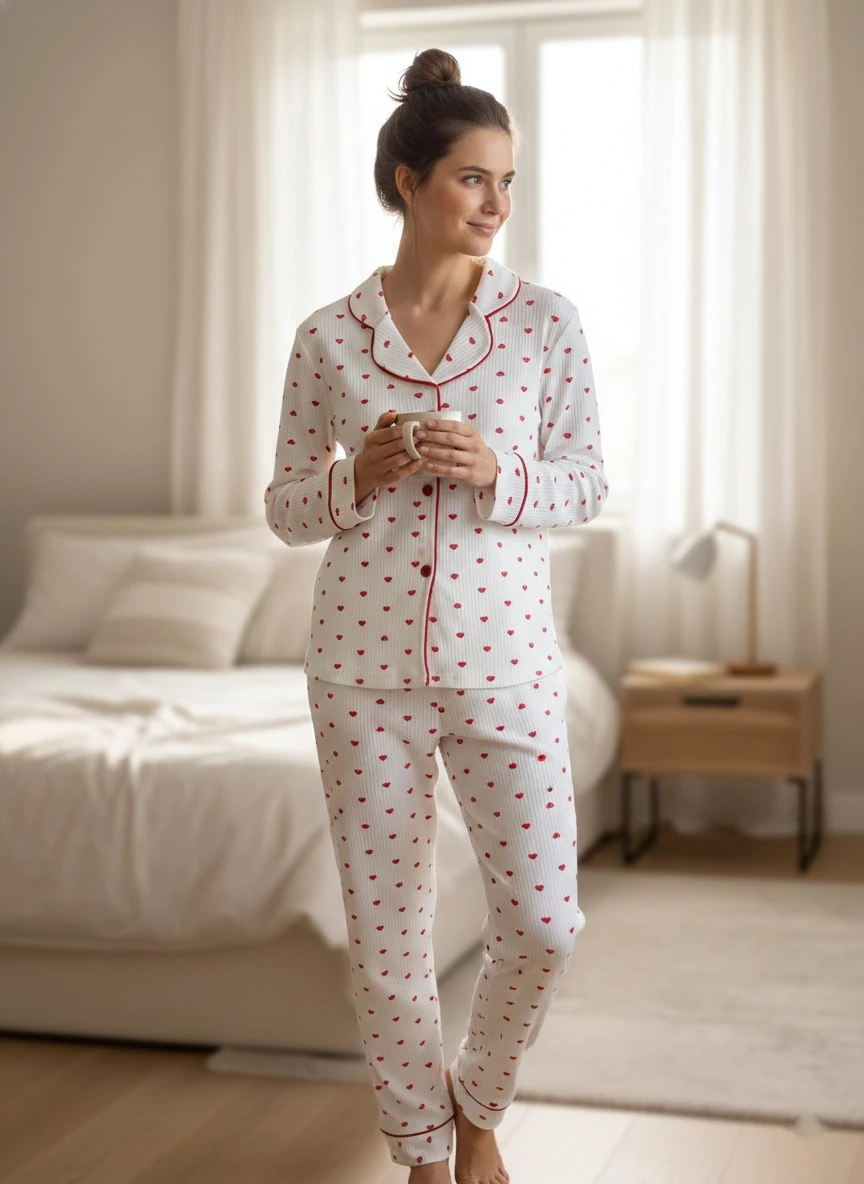 Kadın Beyaz Kırmızı Kalp Desen %100 Pamuk Fitilli Kumaş Mevsimlik Uzun Kol Cepli Pijama Takımı