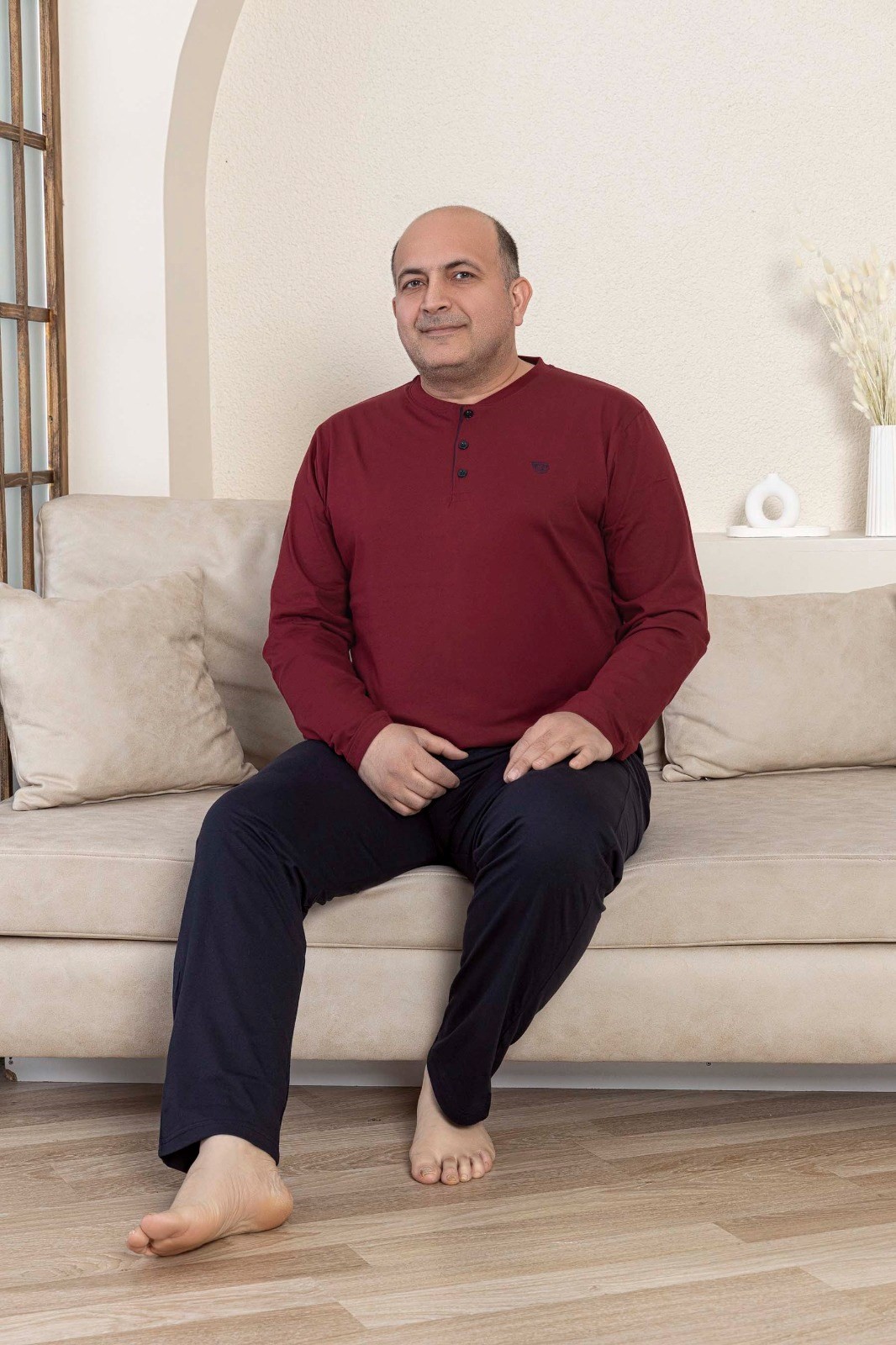 Erkek Büyük Beden 3 Düğmeli %100 Pamuk Mevsimlik Uzun Kol Cepli Pijama Takımı