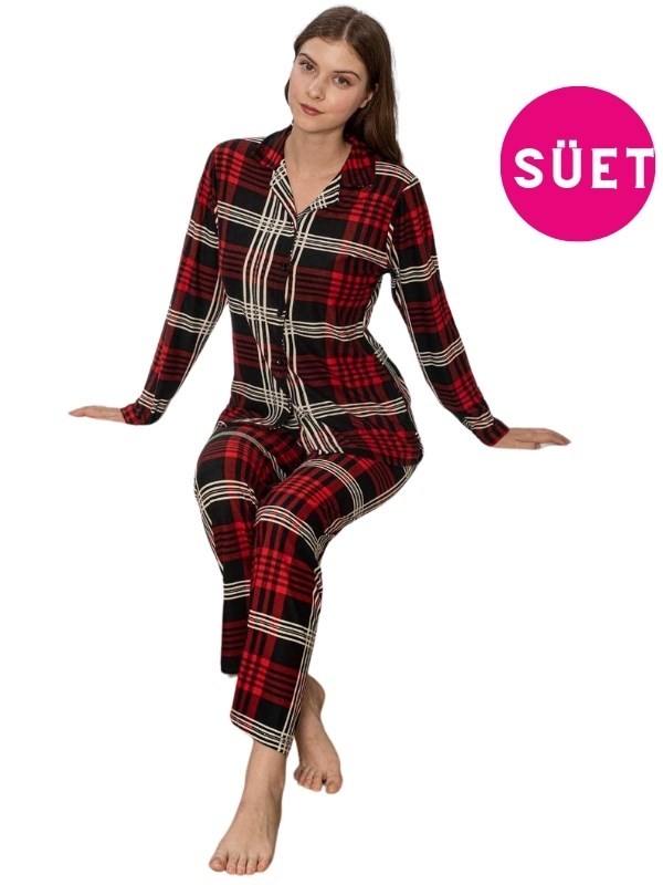 Kadın Gömlek Yaka Önden Düğmeli Süet Kışlık Uzun Kol Pijama Takımı-Dar Slim Fit Kalıp -