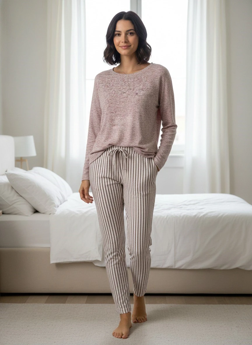 Kadın Viskon Mevsimlik Uzun Kol Cepli Pijama Takımı-Üstü İnce Triko Alt Pijama Dar Kesim Jakar Kumaş