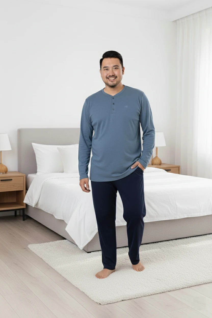 Erkek Füme Lacivert Büyük Beden 3 Düğmeli %100 Pamuk Mevsimlik Uzun Kol Cepli Pijama Takımı