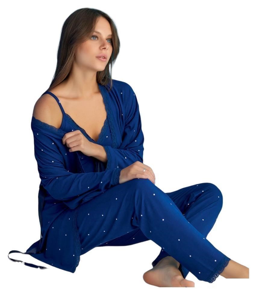 Bambu V Yaka İp Askılı Dantelli Sabahlıklı Viskon 3lü Pijama Takımı