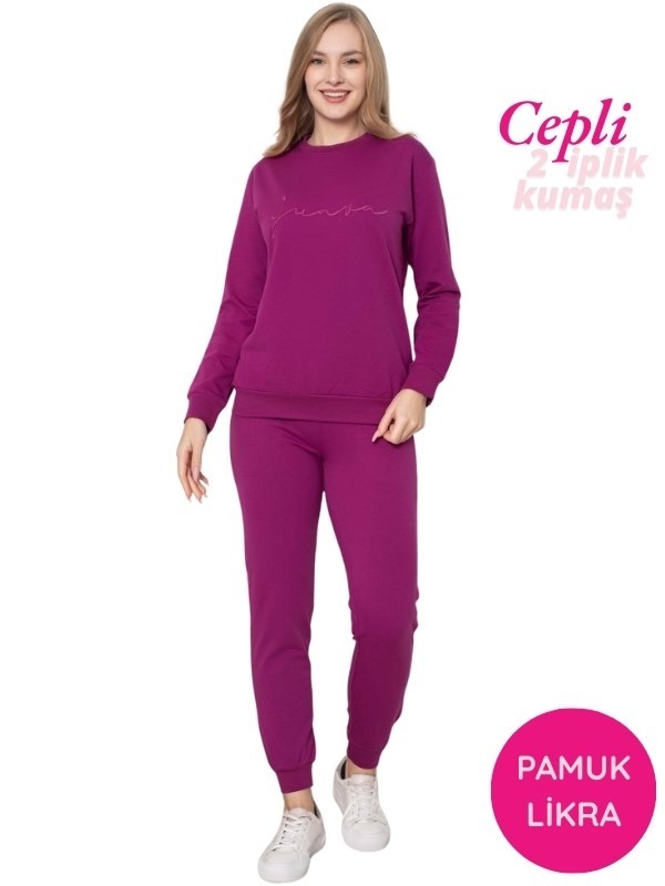 Kadın Bisiklet Yaka Düğmesiz Bilek Manşet/Lastikli 2 İplik Cepli Kışlık Jogger Eşofman Pijama Takımı