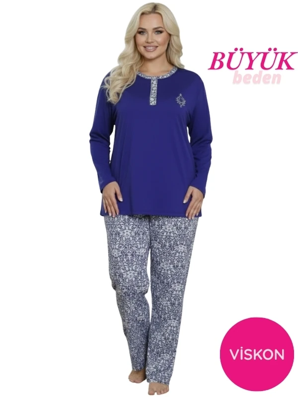 Kadın Saks Mavi 3 Düğmeli Etnik Desen Likralı Viskon Uzun Kol Pijama Takımı