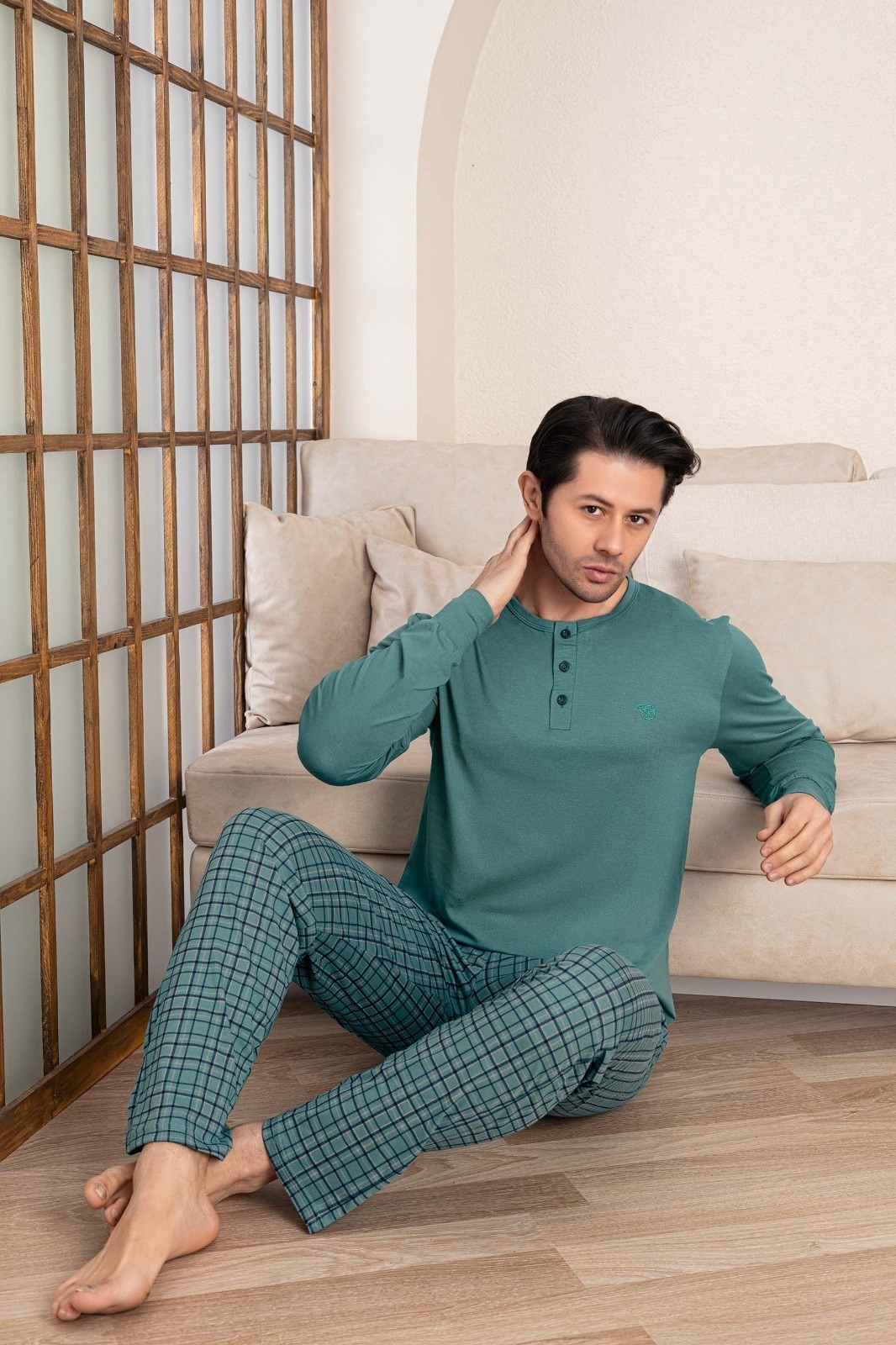 Erkek Ekose Desen 3 Düğmeli Bisiklet Yaka Bilek Manşetli Modal Mevsimlik Uzun Kol Cepli Pijama Takım