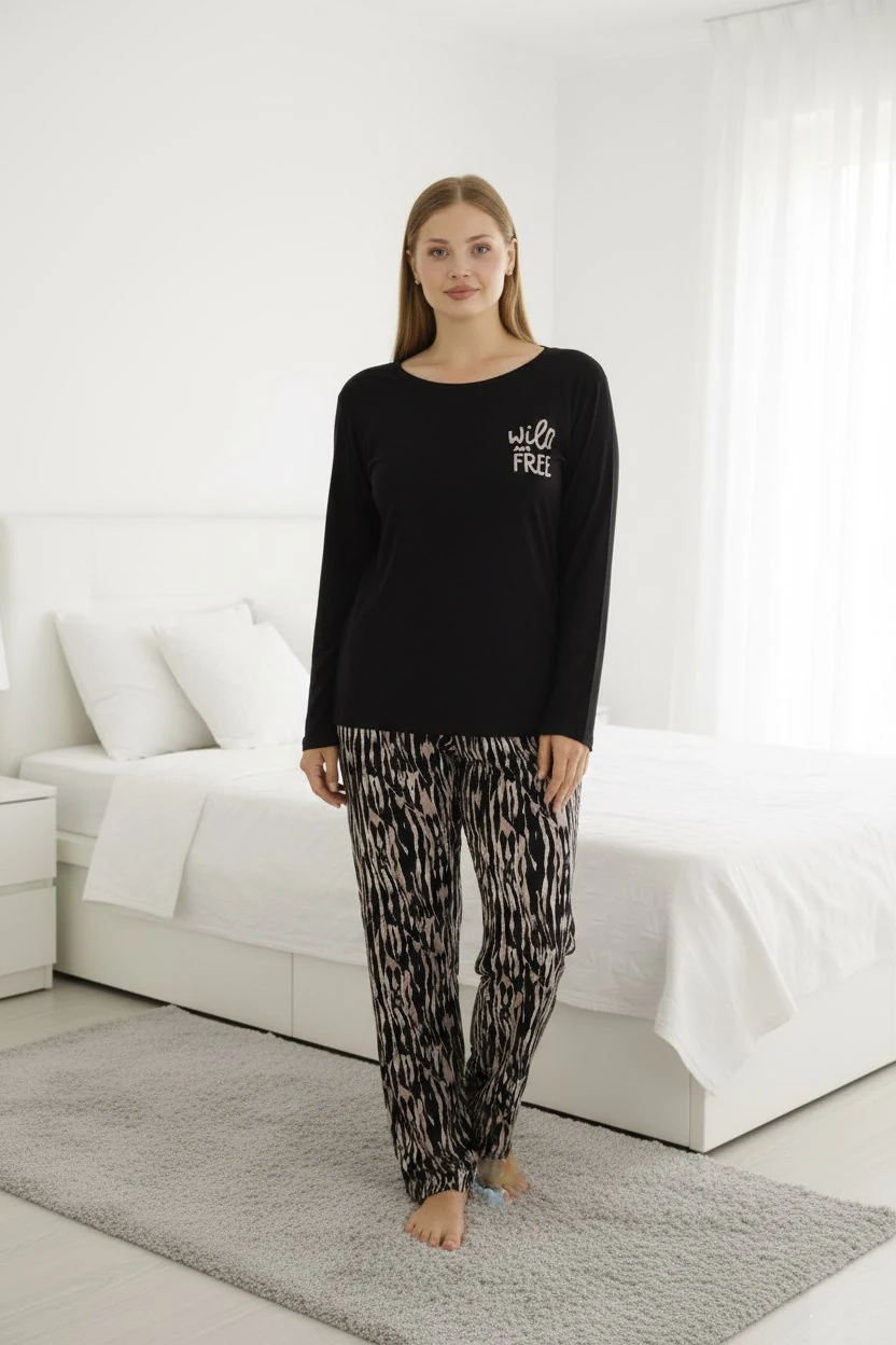 Kadın Büyük Beden Desenli Bisiklet Yaka Mevsimlik Likra Viskon Uzun Kol Pijama Takımı