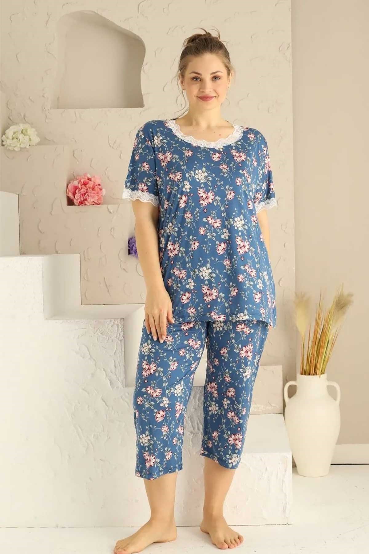 Kadın Düğmesiz Dantel Detay  Viskon Geniş Battal Büyük Beden Kapri/Bermuda Pijama Takımı