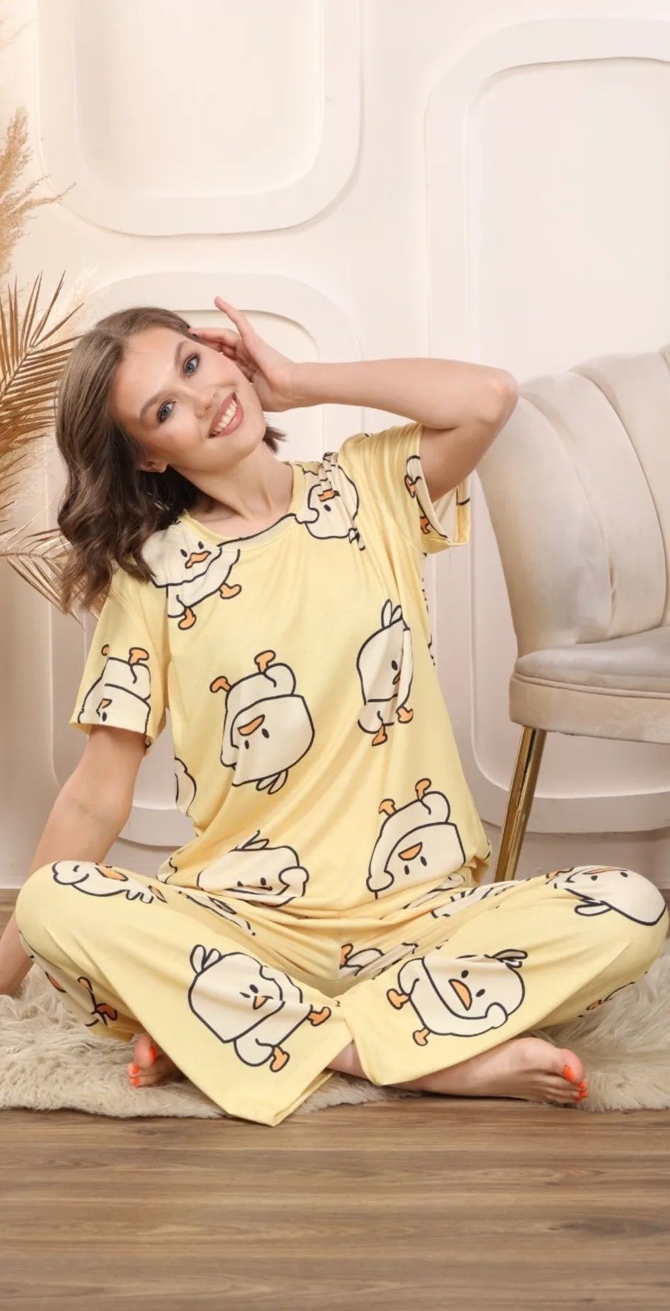 Kadın Desenli Bisiklet Yaka Düğmesiz Bambu Yazlık Kısa Kol Pijama Takımı-Dar Kesim