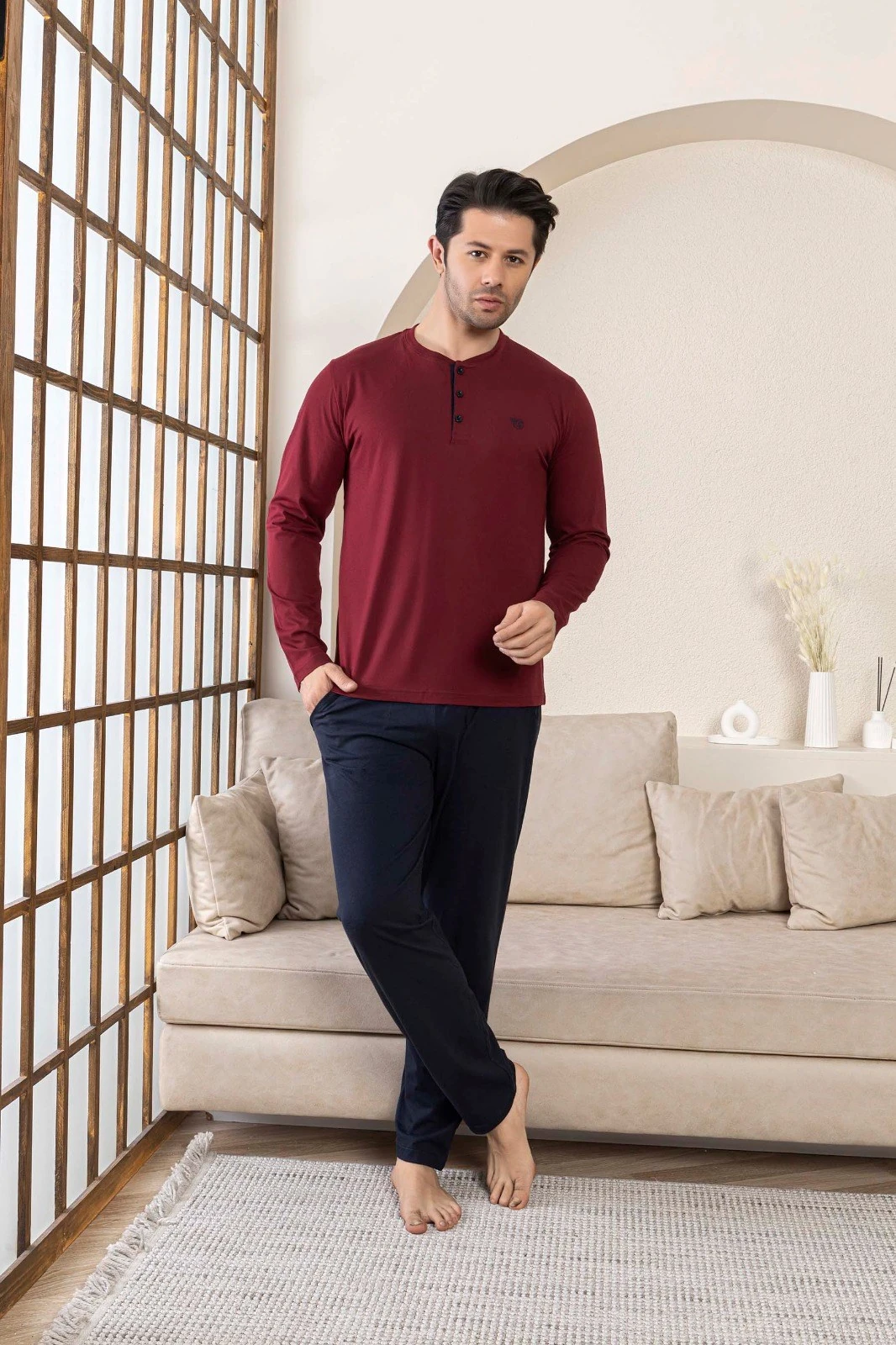 Erkek 3 Düğmeli %100 Pamuk Mevsimlik Uzun Kol Cepli Pijama Takımı