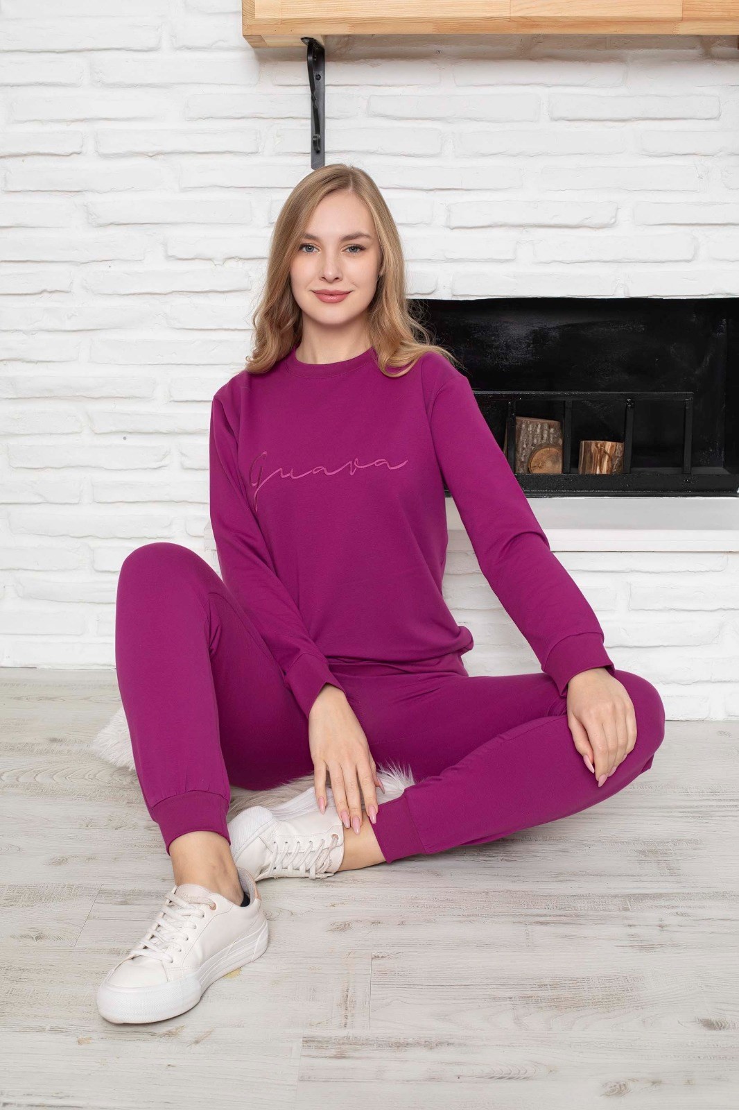 Kadın Bisiklet Yaka Düğmesiz Bilek Manşet/Lastikli 2 İplik Cepli Kışlık Jogger Eşofman Pijama Takımı