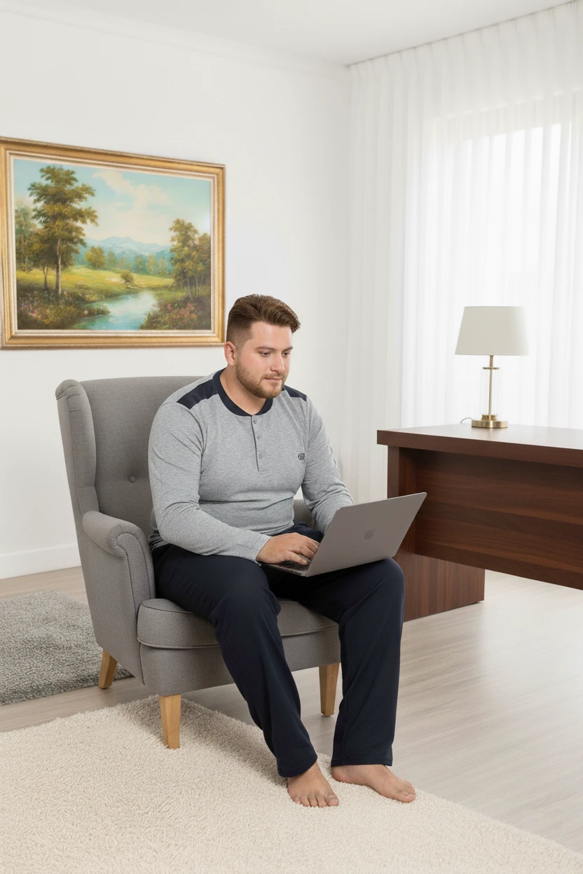 Erkek Büyük Beden 3 Düğme %100 Pamuk Cepli Mevsimlik Pijama Takımı