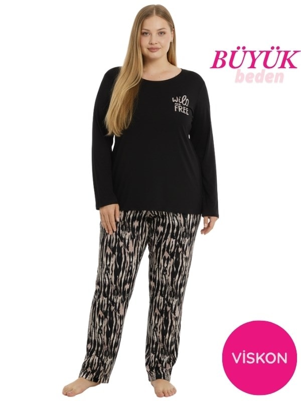 Kadın Büyük Beden Desenli Bisiklet Yaka Mevsimlik Likra Viskon Uzun Kol Pijama Takımı