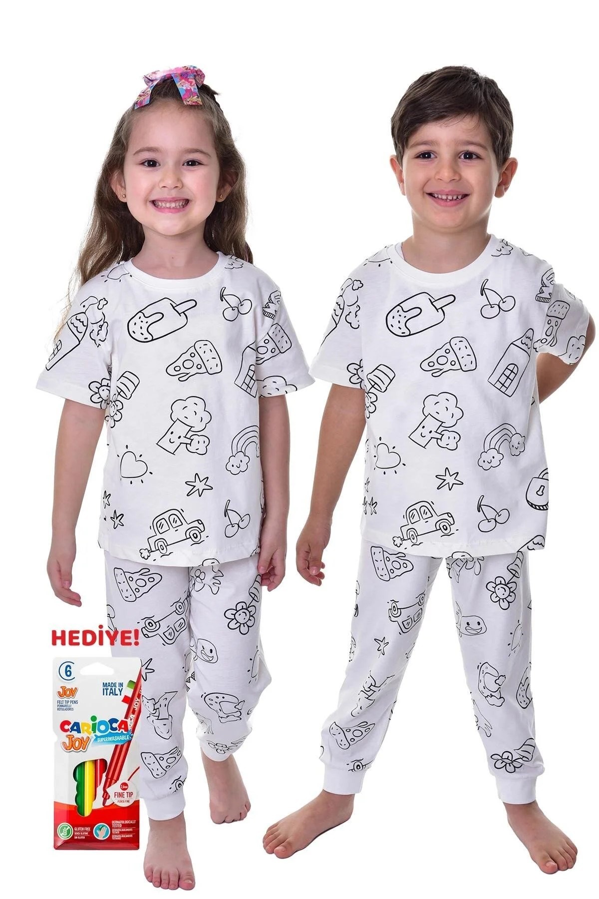 Kız Erkek Unisex Beyaz Desenli Bisiklet Yaka Bilek Manşetli Boyanabilir Kısa Kol Pijama Takımı (BOYA