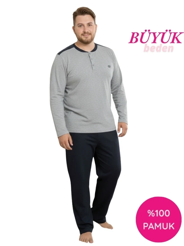 Erkek Büyük Beden 3 Düğme %100 Pamuk Cepli Mevsimlik Pijama Takımı
