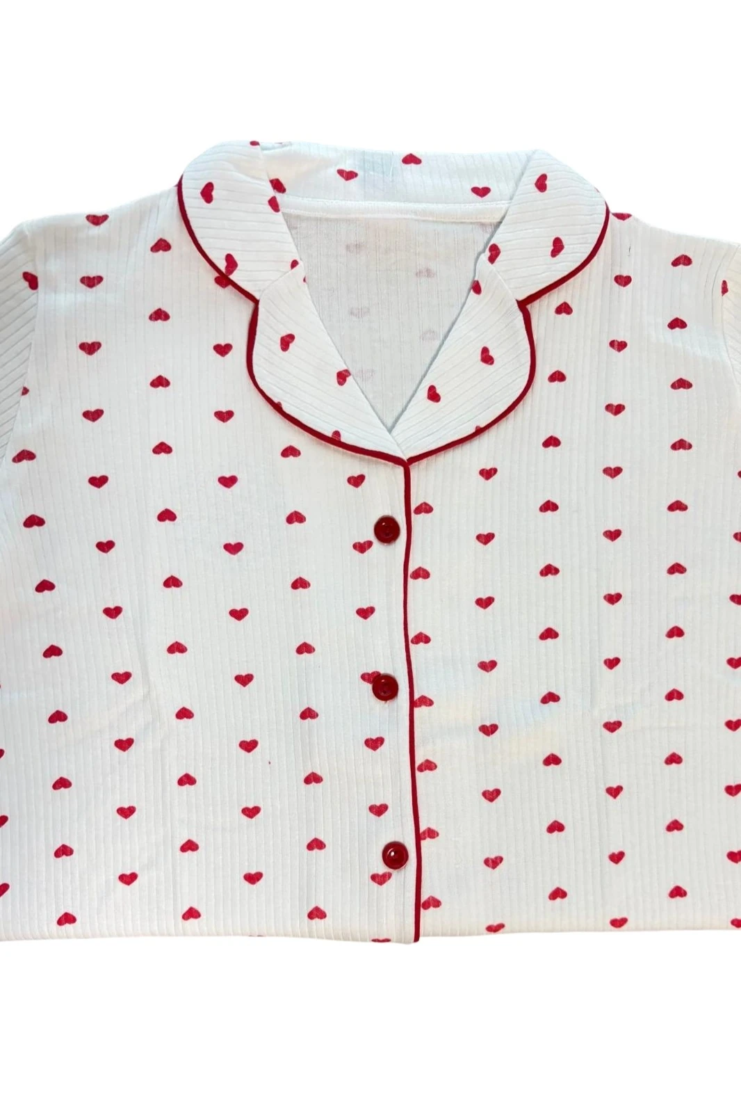 Kadın Beyaz Kırmızı Kalp Desen %100 Pamuk Fitilli Kumaş Mevsimlik Uzun Kol Cepli Pijama Takımı