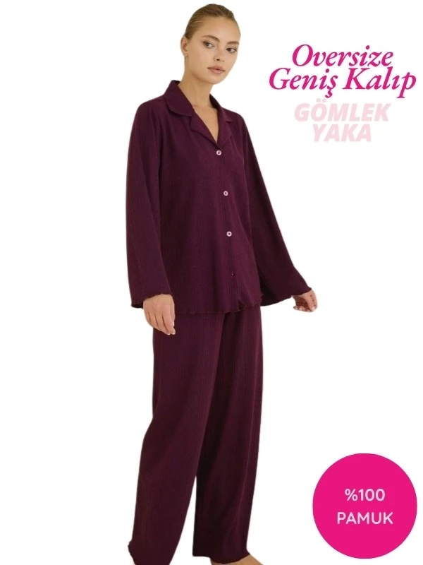 Kadın %100 Pamuk Bürümcük Kumaş Gömlek Yaka Uzun Kol Pijama Takımı-Oversize Salaş Kalıp Geniş Paça