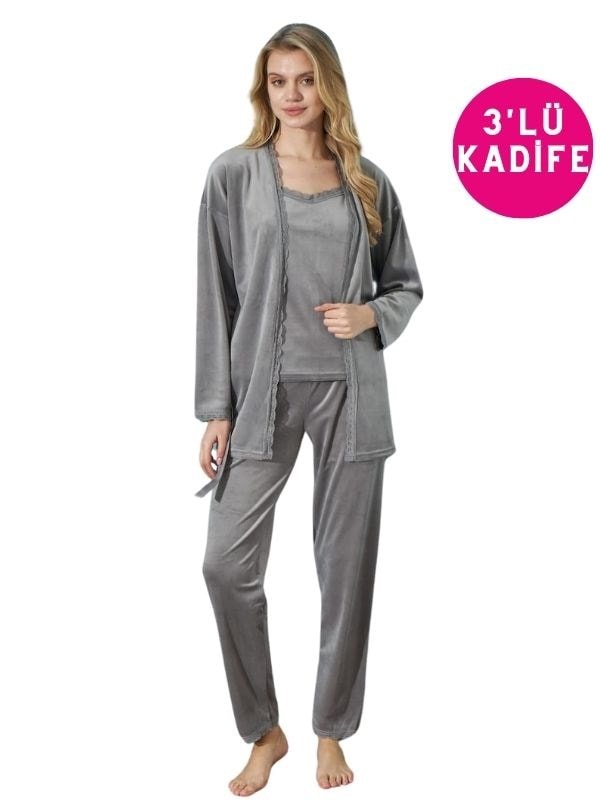 Kadın İp Askılı İnce Dantel Detaylı Sabahlıklı Kışlık Kadife 3'lü Pijama Takımı-Çeyizlik Set