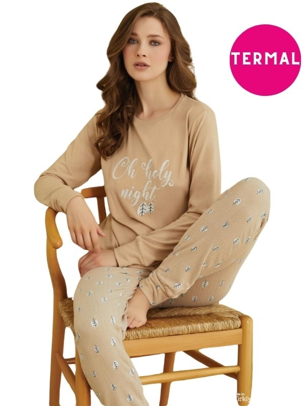 Kadın Bisiklet Yaka Düğmesiz Desenli Bilekler Lastikli/Jogger Termal Cepli Kışlık Pijama Takımı