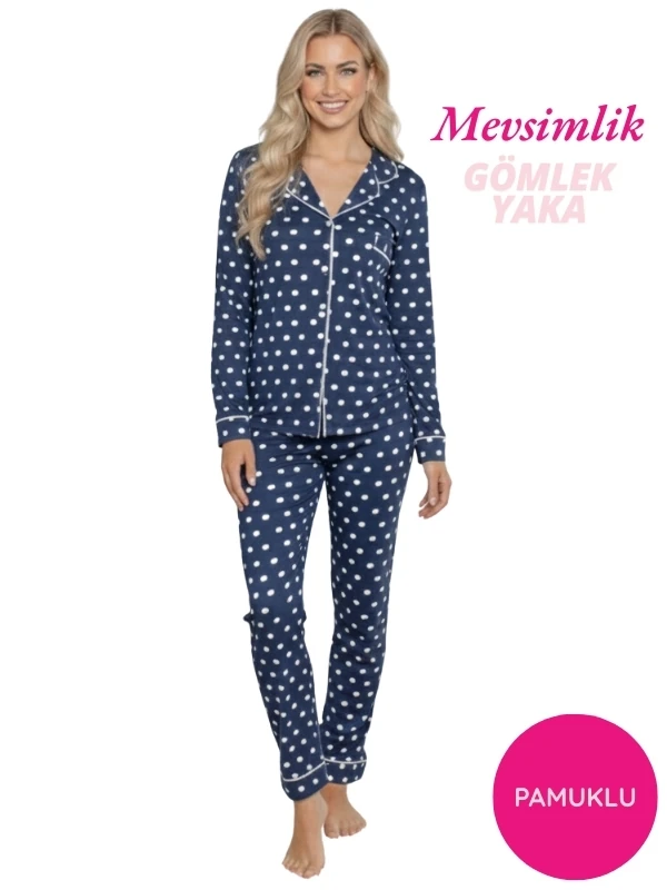 Kadın Mevsimlik Pamuk Likra Göğüs Cepli Boydan Önden Düğmeli Gömlek Yaka Uzun Kol Pijama Takımı
