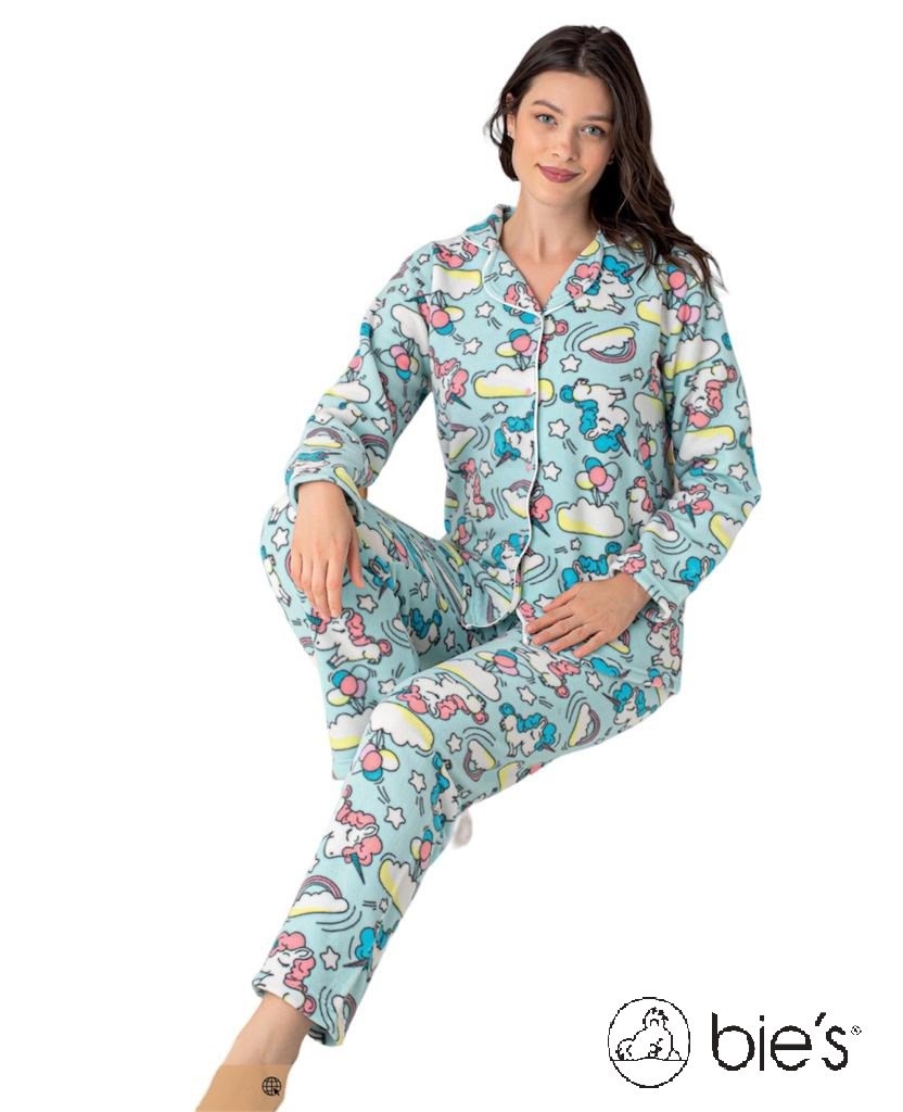 Kadın Desenli Polar Gömlek Yaka Önden Düğme Uzun Kol Kışlık Pijama Takımı