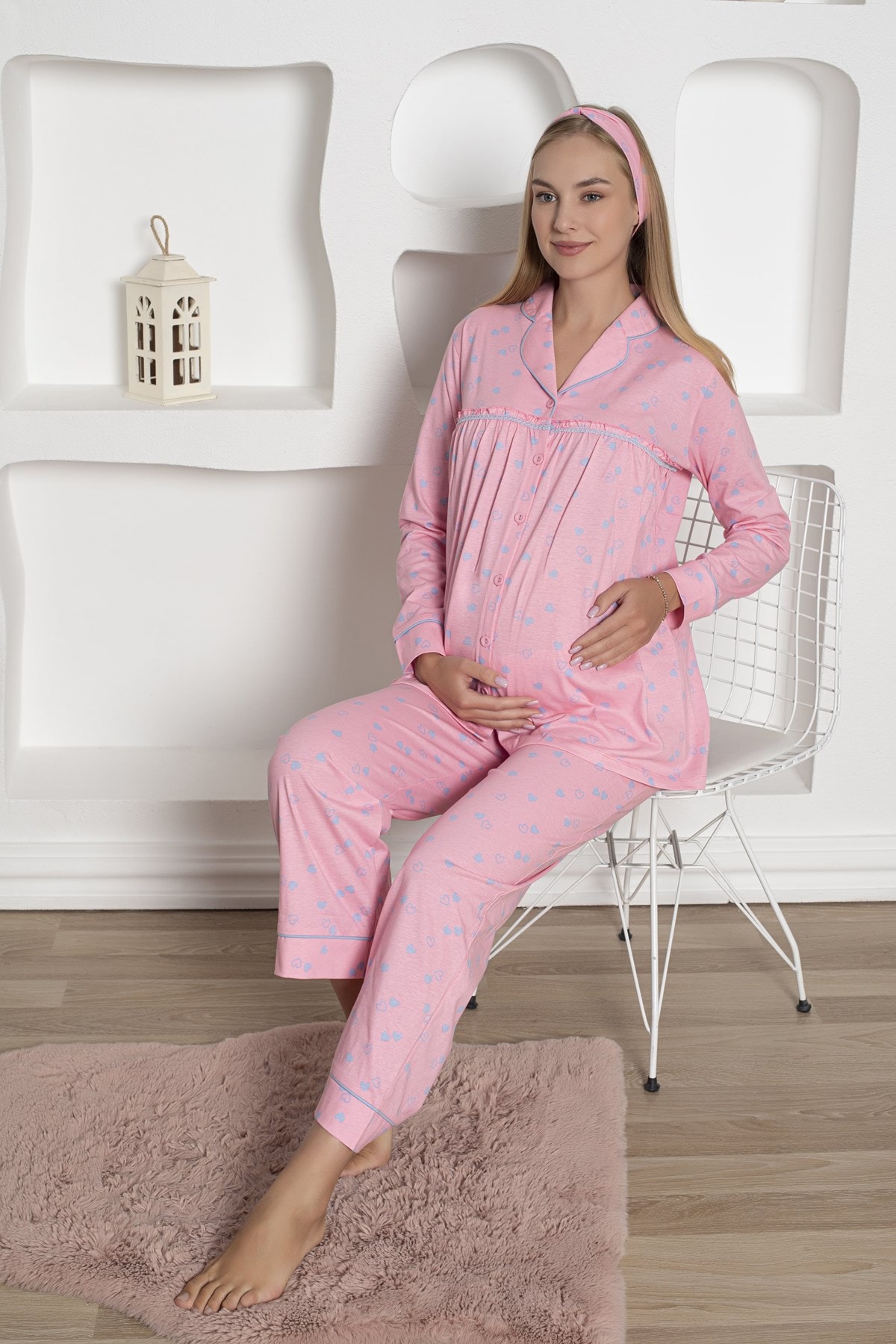Kalpli Hamile Önden Düğmeli Uzun Kol Mevsimlik Bel Ayarlı %100 Pamuk Pijama Takımı-Geniş Kalıp