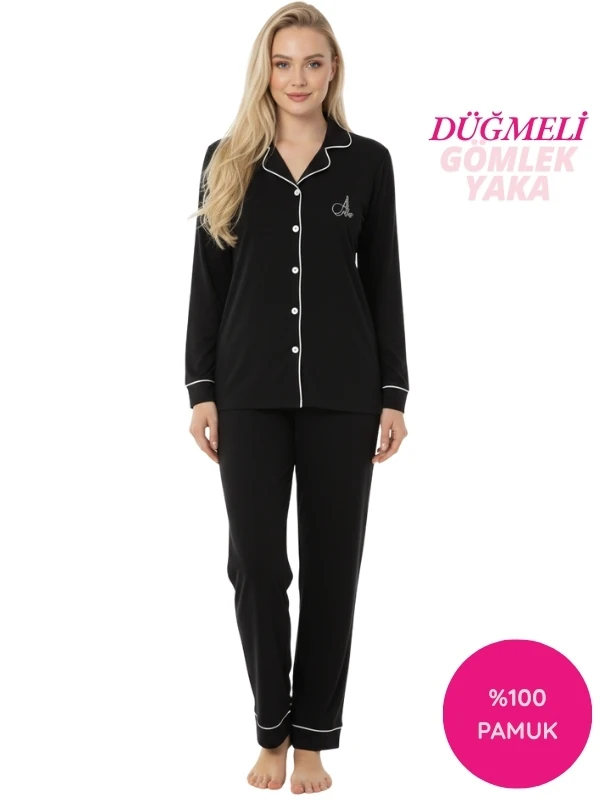 Kadın Siyah %100 Pamuk Kumaş Mevsimlik Boydan Önden Düğmeli Gömlek Yaka Uzun Kol Pijama Takımı