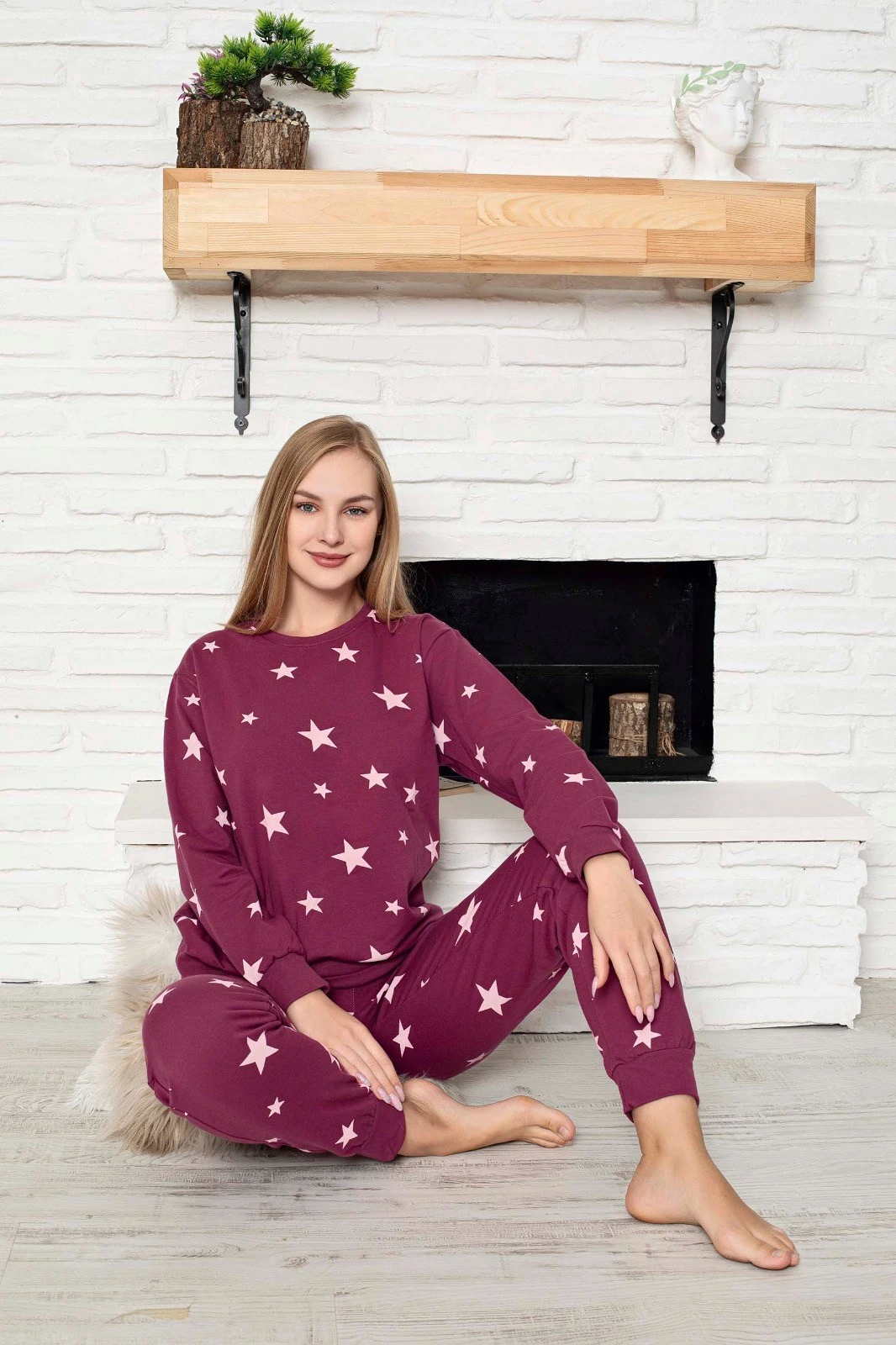 Kadın Bisiklet Yaka Düğmesiz Bilek Manşet/Lastikli 2 İplik Cepli Kışlık Jogger Eşofman Pijama Takımı