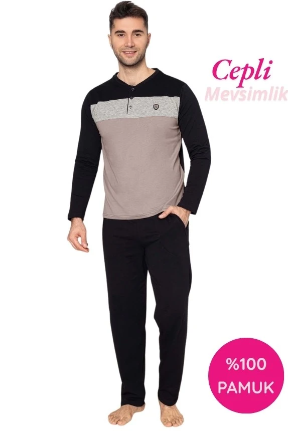 Erkek 3 Düğmeli %100 Pamuk Mevsimlik Uzun Kol Cepli Pijama Takımı