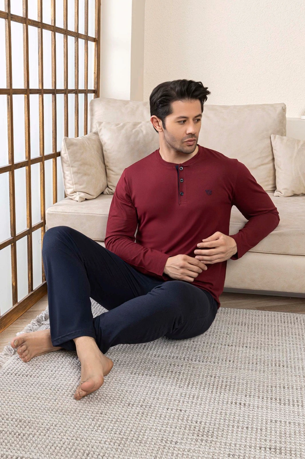 Erkek 3 Düğmeli %100 Pamuk Mevsimlik Uzun Kol Cepli Pijama Takımı