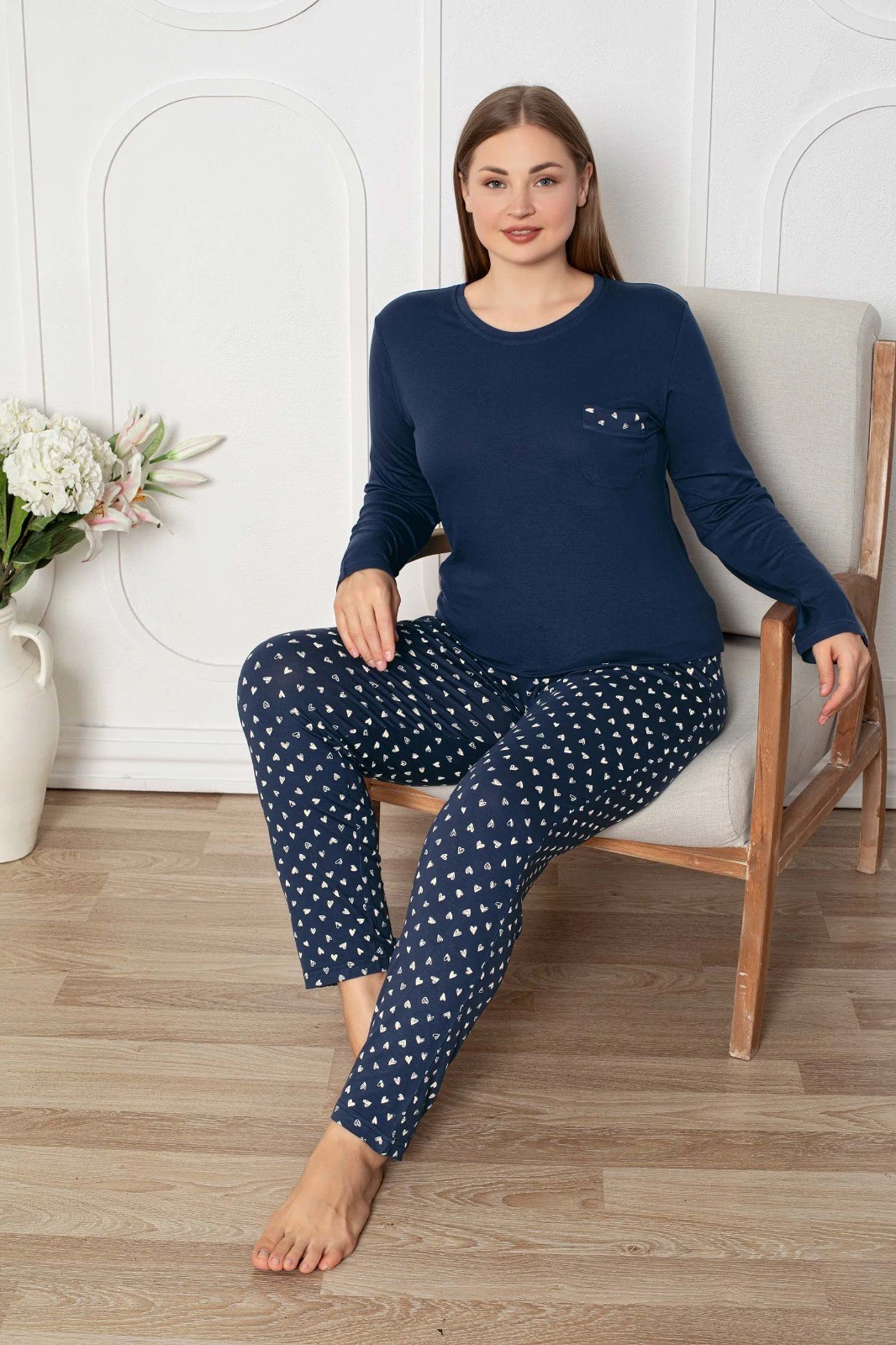 Kadın Bisiklet Yaka Düğmesiz Dökümlü Viskon Mevsimlik Uzun Kol Cepli Pijama Takımı