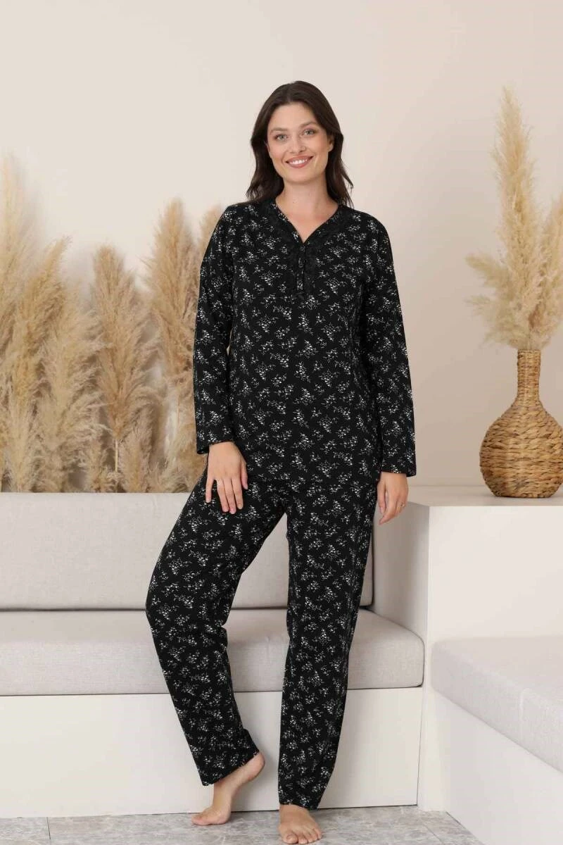 Siyah Çiçekli Dantel Detaylı V Yaka Düğmeli Mevsimlik Pamuk Likra Uzun Kol Pijama Takımı-Geniş Kalıp