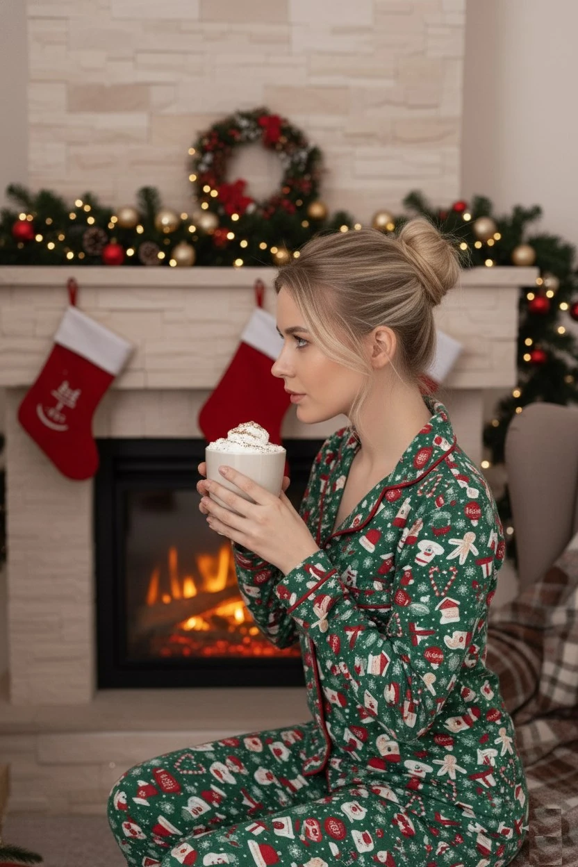 Kadın Noel Desen Mevsimlik Pamuk Likra Göğüs Cepli Boydan Önden Düğmeli Uzun Kol Pijama Takımı