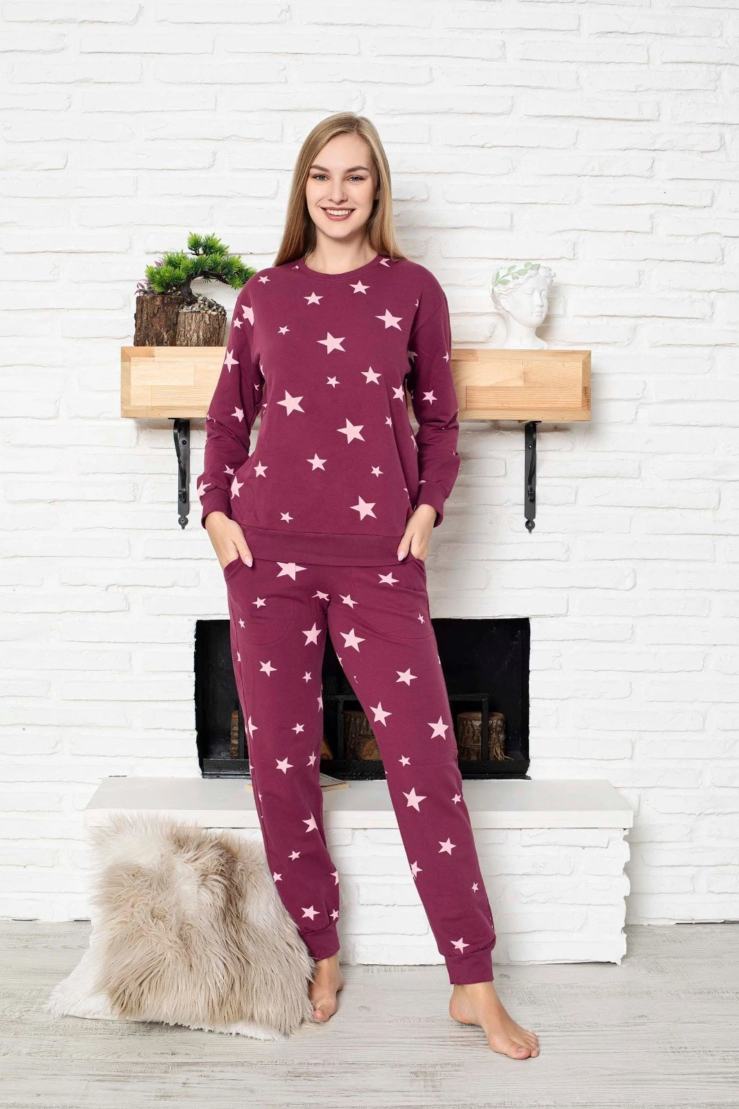 Kadın Bisiklet Yaka Düğmesiz Bilek Manşet/Lastikli 2 İplik Cepli Kışlık Jogger Eşofman Pijama Takımı