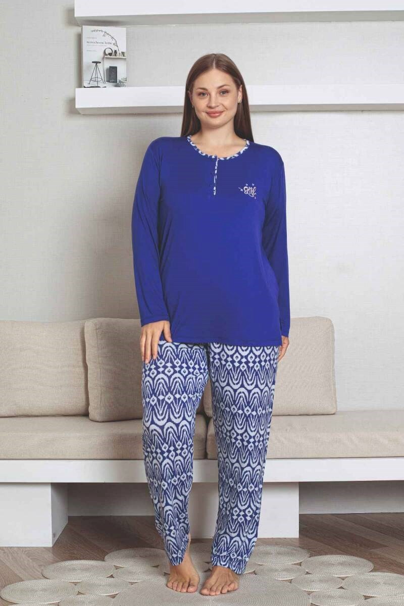 Kadın Etnik Desen 3 Düğmeli Likralı Viskon Mevsimlik Uzun Kol Pijama Takımı