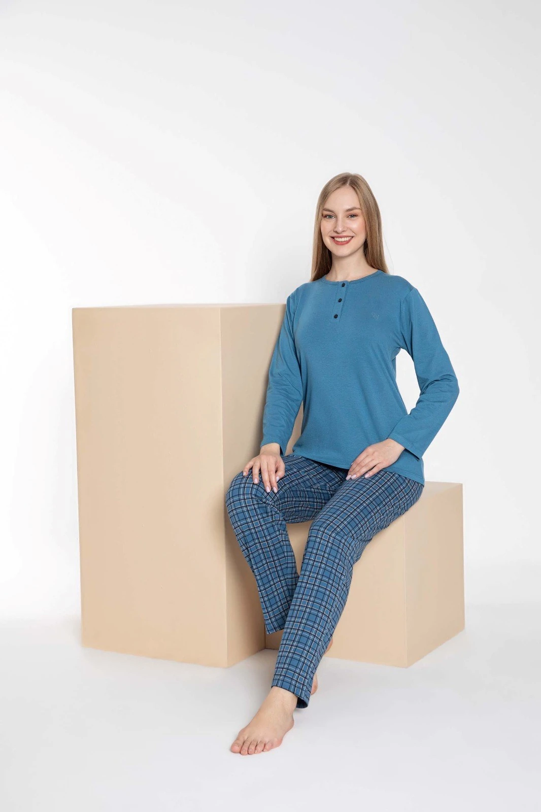 Çift Sevgili Eş Kombin Mavi Ekose Desen Modal Uzun Kol Pijama Takımı-1 adet ürün FİYATIDIR