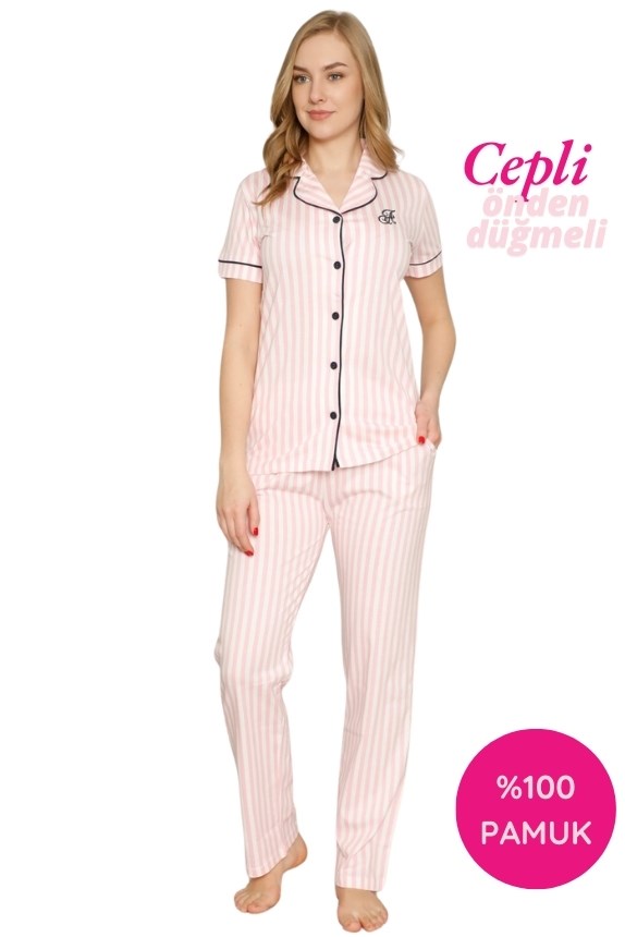 Kadın Pembe Beyaz Çizgili Gömlek Yaka Önden Düğmeli %100 Pamuk Kısa Kol Cepli Pijama Takımı