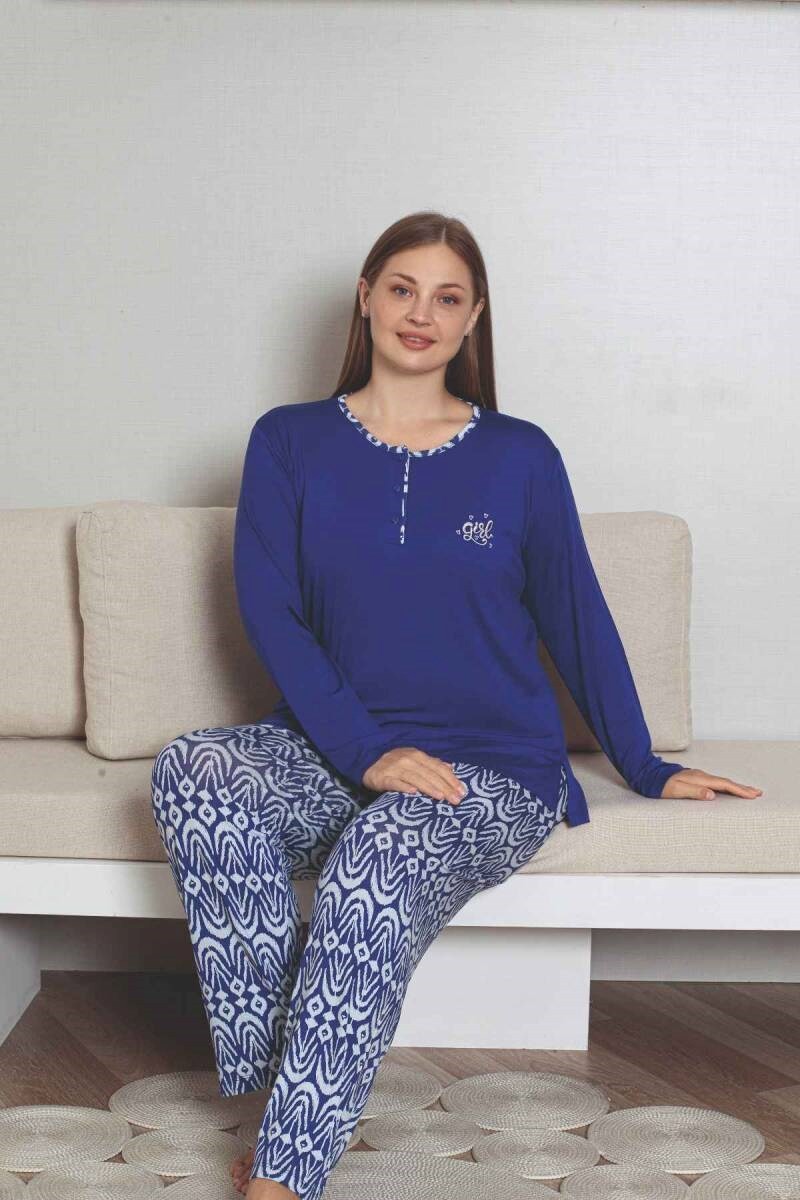 Kadın Etnik Desen 3 Düğmeli Likralı Viskon Mevsimlik Uzun Kol Pijama Takımı