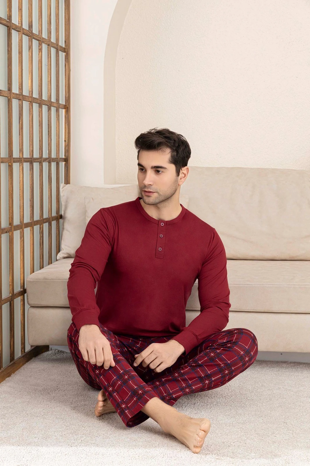 Erkek 3 Düğmeli Ekose Desen Pamuk Likra Mevsimlik Modal Uzun Kol Manşetli Cepli Pijama Takımı