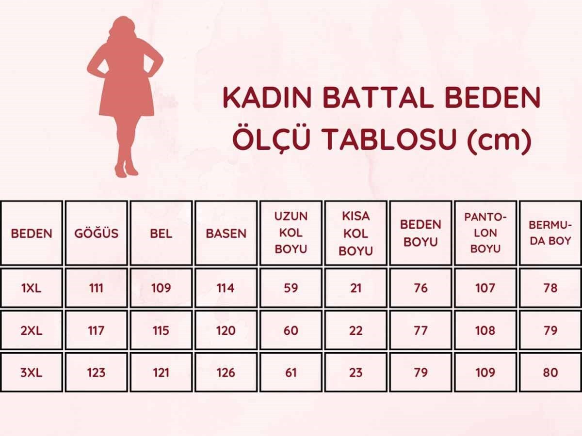 Kadın Desenli Bisiklet Yaka 3 Düğmeli Yırtmaç Detaylı Büyük Beden Viskon Kısa Kol Pijama Takımı 
