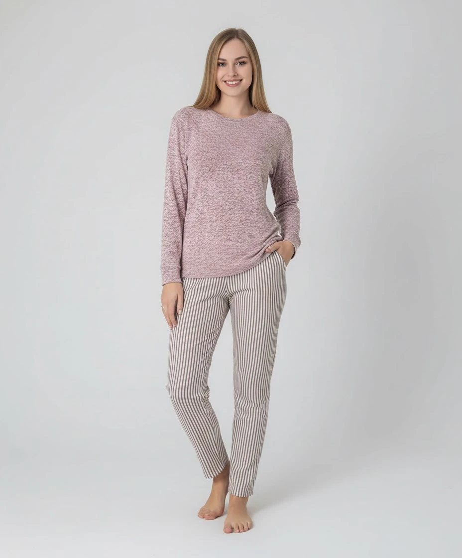 Kadın Viskon Mevsimlik Uzun Kol Cepli Pijama Takımı-Üstü İnce Triko Alt Pijama Dar Kesim Jakar Kumaş