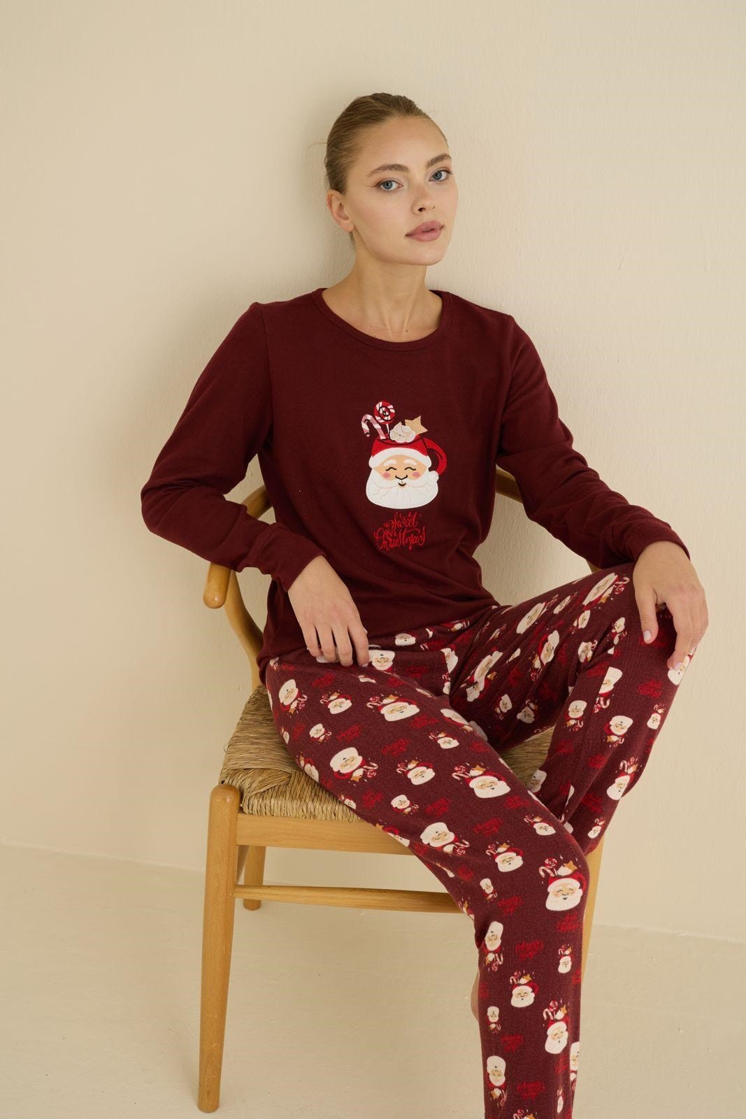 Kadın Bisiklet Yaka Düğmesiz Bilekler Lastikli/Jogger Yumuşak Termal Kışlık Pijama Takımı