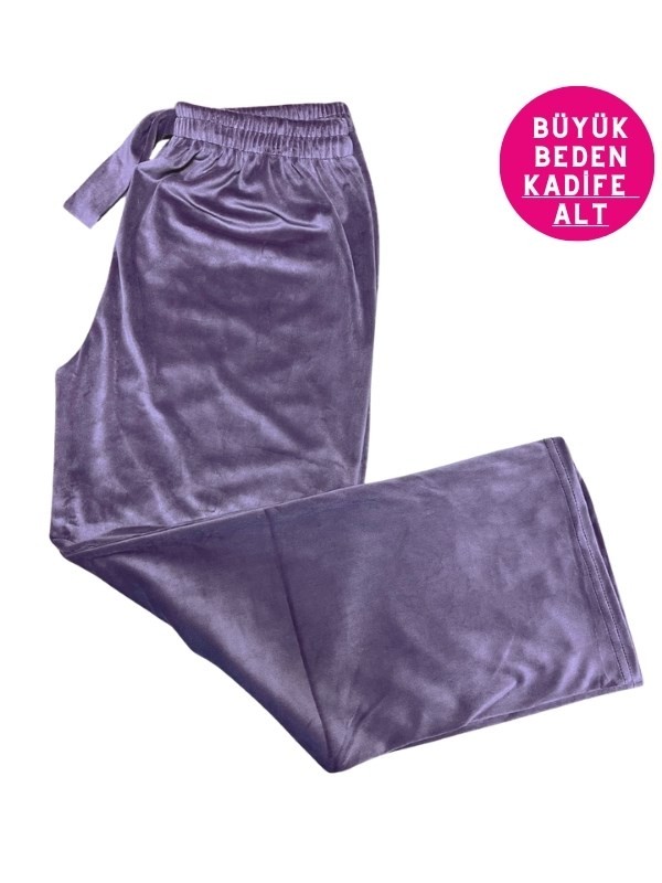 Kadın Büyük Beden Yumuşak Kadife Düz Paça Pijama Eşofman Tek Alt