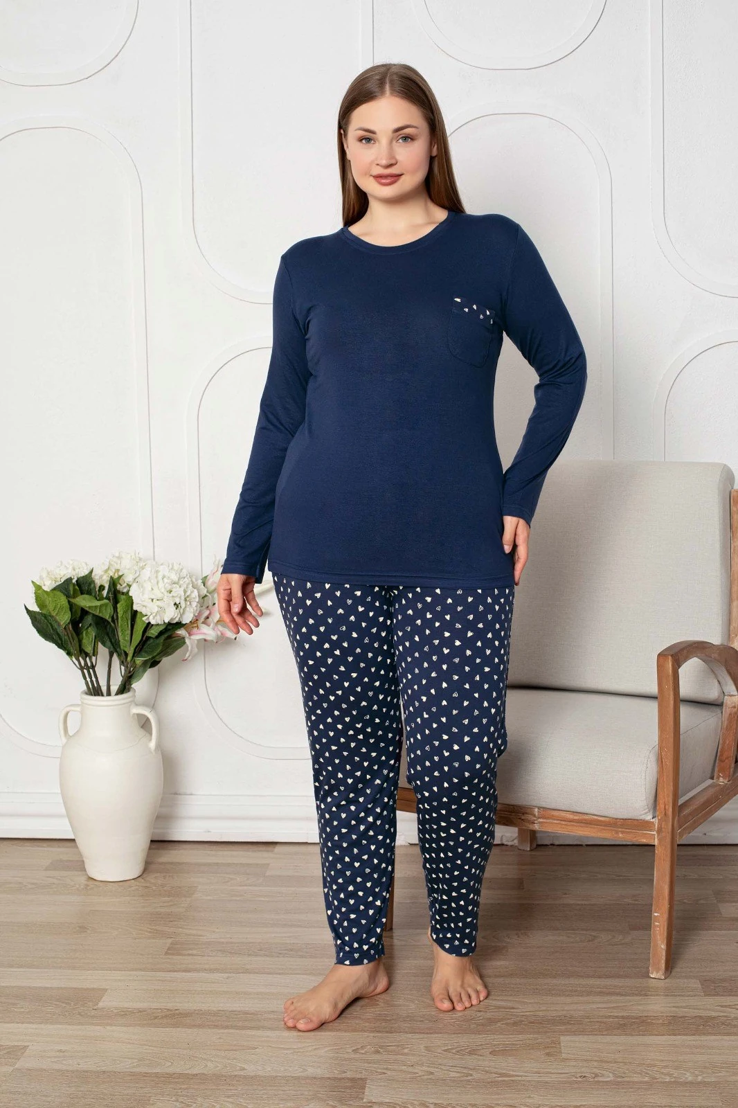 Kadın Bisiklet Yaka Düğmesiz Dökümlü Viskon Mevsimlik Uzun Kol Cepli Pijama Takımı