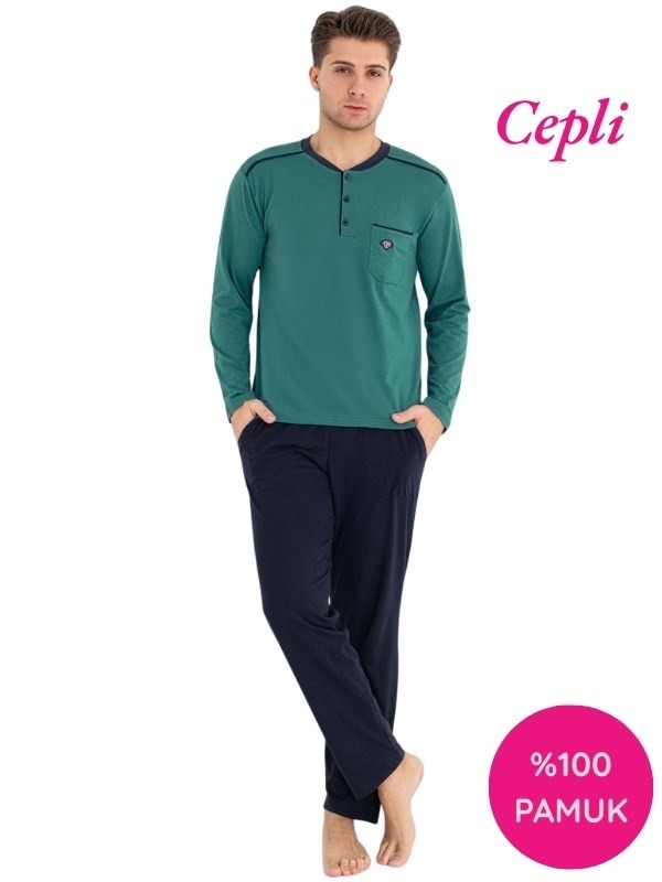 Erkek 3 Düğmeli %100 Pamuk Göğüs Cepli Mevsimlik Uzun Kol Cepli Pijama Takımı