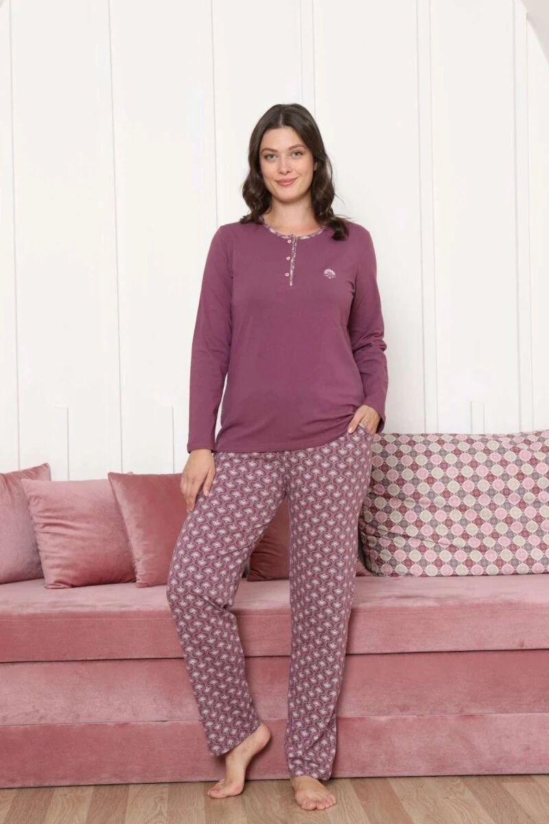 Kadın Etnik Desen 3 Düğme Pamuk Likra Mevsimlik Uzun Kol Pijama Takımı