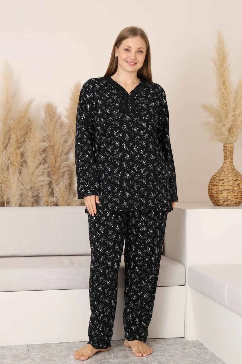 Siyah Çiçekli Dantel Detaylı V Yaka Düğmeli Mevsimlik Pamuk Likra Uzun Kol Pijama Takımı-Geniş Kalıp